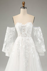 White A Line Off The Shoulder Corset Appliques Lace Wedding Dress with Long Sleeves Sexy