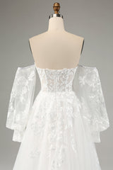 White A Line Off The Shoulder Corset Appliques Lace Wedding Dress with Long Sleeves Sexy