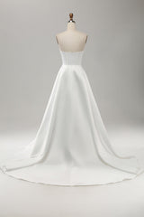 Elegant White A Line Strapless Pleated Sweep Train Corset Wedding Dress With Split Off Shoulder