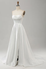 Elegant White A Line Strapless Pleated Sweep Train Corset Wedding Dress With Split Off Shoulder