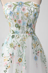 White A Line Strapless Front Slit Tulle Corset Wedding Dress With Embroidery Off Shoulder With Flower