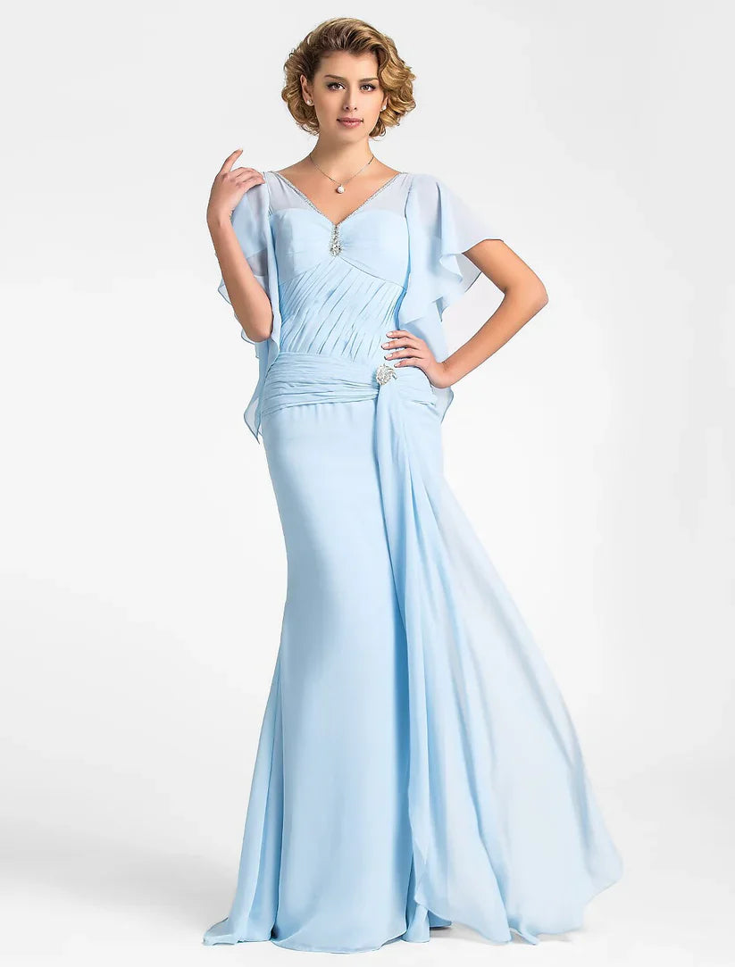 Mermaid / Trumpet Mother of the Bride Dress Vintage Inspired V Neck Floor Length Chiffon Short Sleeve with Beading Side Draping Crystal Brooch