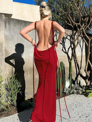 Burgundy Spaghetti Strap Backless Long Formal Prom Dress
