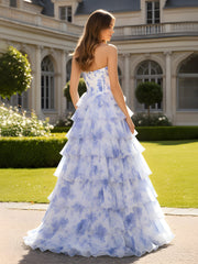 Boned Bodice Floral Printed Organza Dress