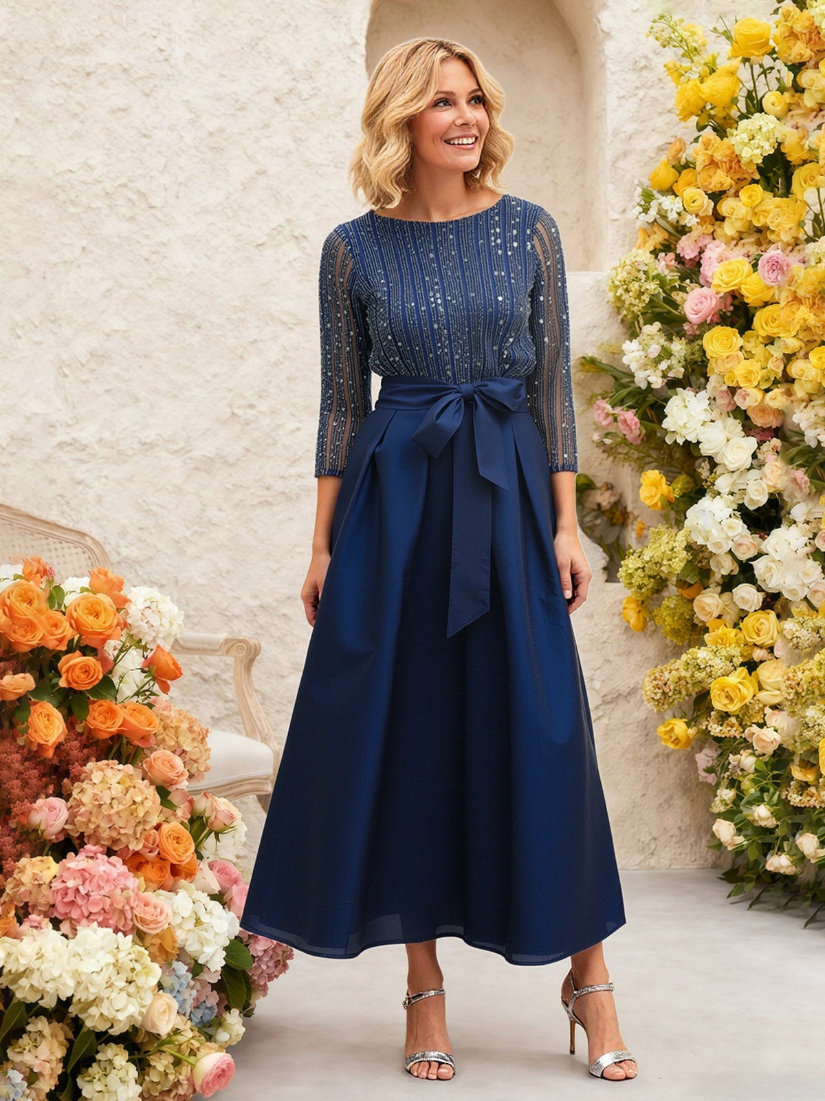 Beaded Bodice Midi Gown Satin Skirt Bow Belt Detail Dark Navy