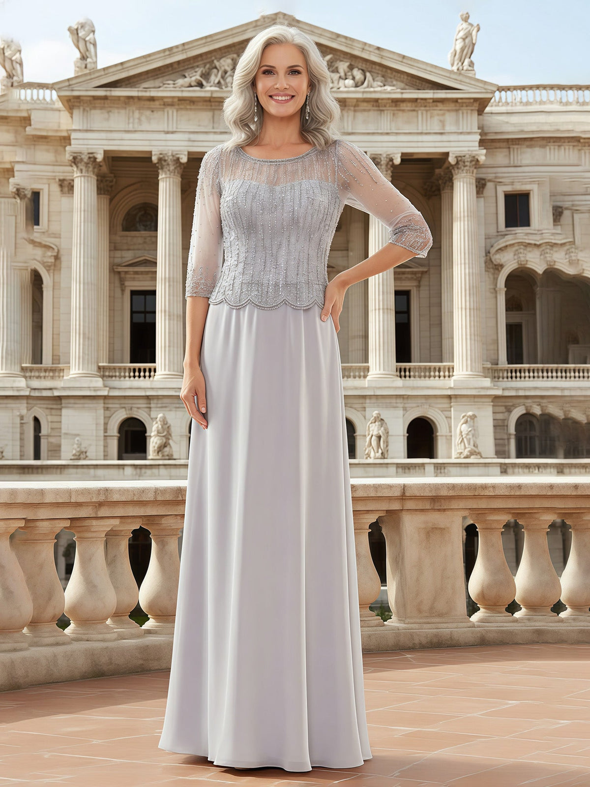 Beaded Mesh Bodice Gown Scalloped Peplum Detail Maxi Silver