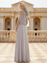 Beaded Mesh Bodice Gown Scalloped Peplum Detail Maxi Silver
