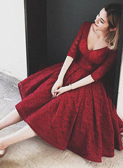 Lovely V Neck Half Sleeves Wine Red Lace Homecoming Dress, Tea Length Prom Dress