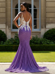 Beaded Illusion Bodice Sequin Mermaid Gown Grape