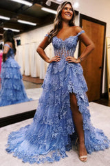 Black Tulle Appliques Off-the-Shoulder Ruffle Long Prom Dress