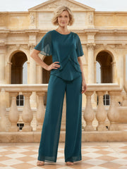 Layered Chiffon Pant Suit Beaded Trim Wide Leg Design Peacock