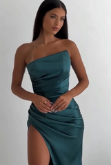 Vintage Sheath Strapless Neckline Slit Satin Long Party Dress Prom Dresses SD2446