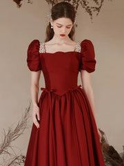 A-Line Satin Burgundy Long Prom Dress, puff sleeves Long Burgundy Formal Dress
