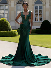 Embroidered Illusion Bodice Mermaid Gown Dark Green