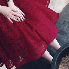 Lovely V Neck Half Sleeves Wine Red Lace Homecoming Dress, Tea Length Prom Dress
