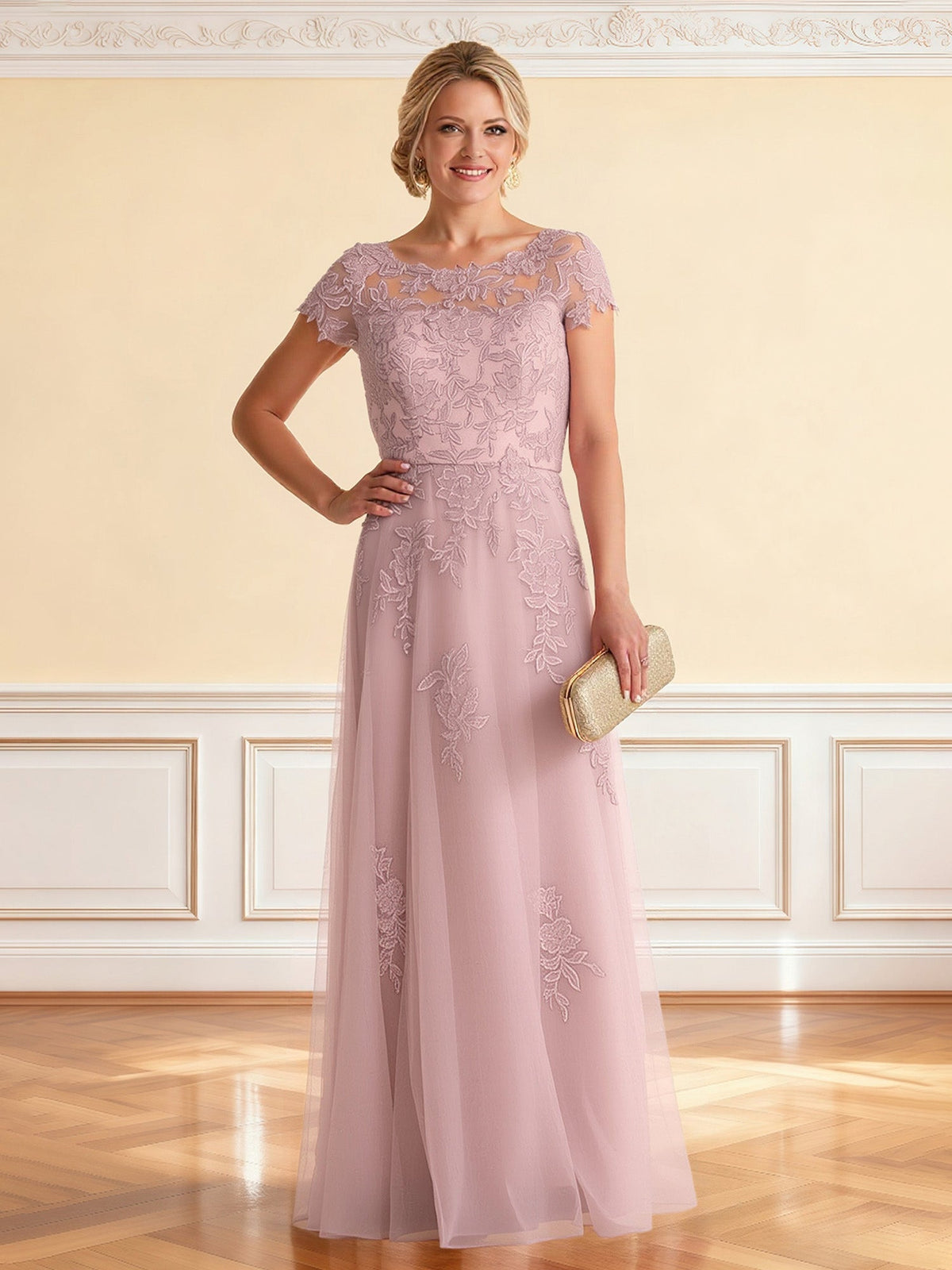 Embroidered Tulle Gown Illusion Neckline Cap Sleeve Maxi Dusty Rose