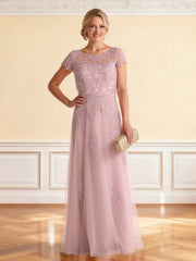 Embroidered Tulle Gown Illusion Neckline Cap Sleeve Maxi Dusty Rose
