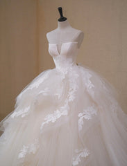 A-Line Tulle Lace Light Champagne Long Prom Dress, Light Champagne Wedding Dress