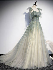 Gray green tulle long prom dress A line tulle formal dress
