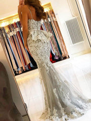 Gray sweetheart neck lace mermaid long prom dress, lace formal dress