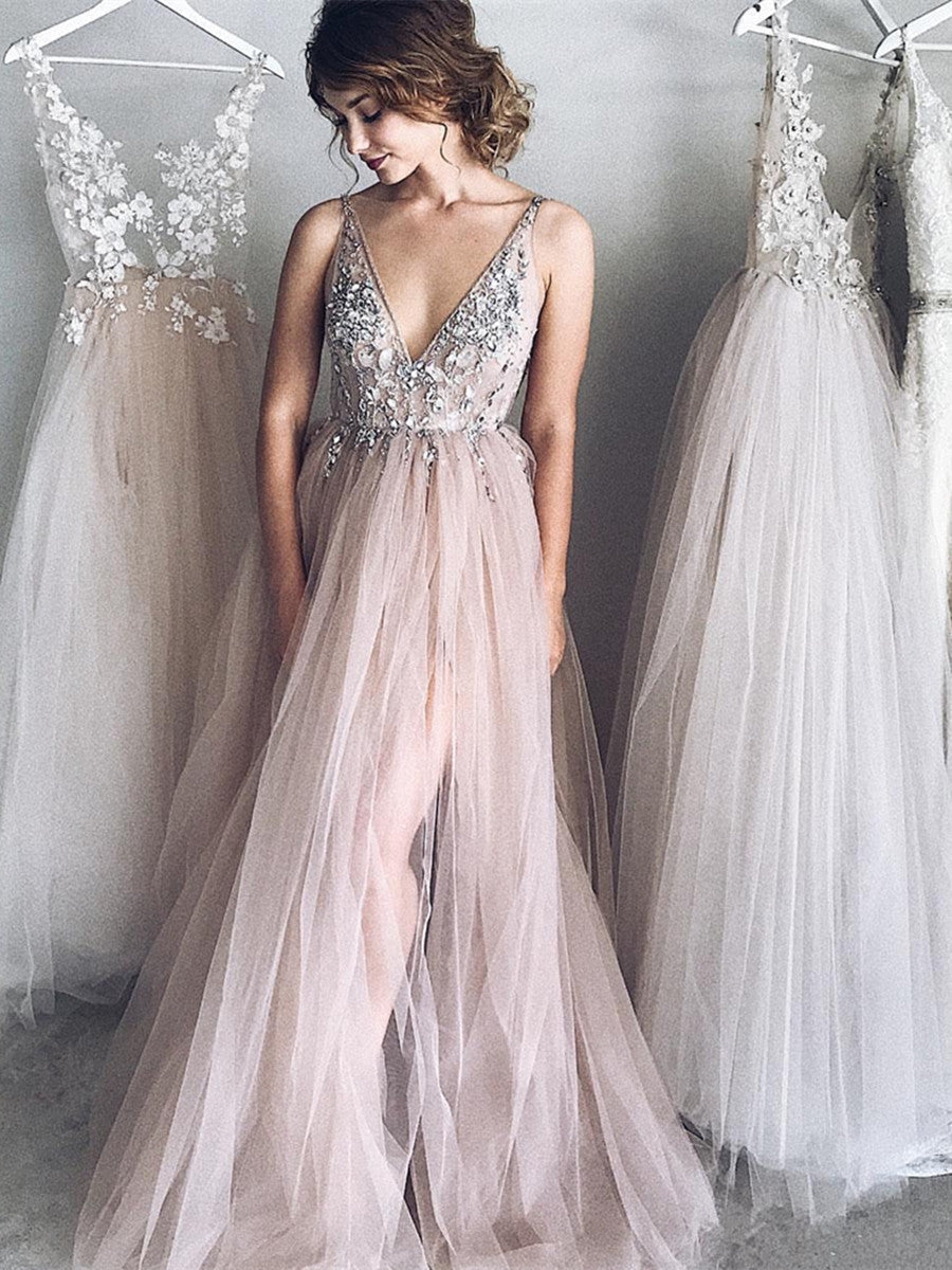 Elegant A Line V Neck Lace Long Prom Dress, V Neck Formal Dress, Graduation Dress