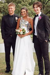Blue Cut Glass Mirror One-Shoulder A-line Long Prom Dress