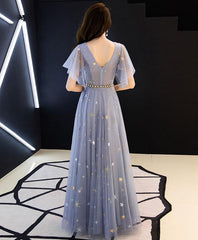 Gray blue v neck tulle long prom dress, tulle bridesmaid dress