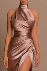 Chocolate High Neck Pleated Sleeveless Satin Long Prom Formal Dress with Slit