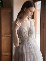 Unique v neck tulle beads long prom dress, tulle evening dress
