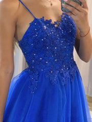 Blue tulle lace long prom dress, blue A-line tulle evening dress