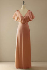 Elegant Champagne V-Neck Ruffled Bridesmaid Dress