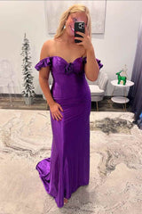Elegant Off the Shoulder Purple Mermaid Long Prom Dress with Flower