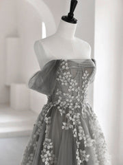 A-Line Off Shoulder Tulle Lace Gray Long Prom Dress, Gray Tulle Lace Formal Dress