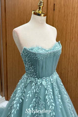 Charming A-Line Mist Strapless Prom Dress with Leaf Applique