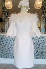 White Feather Off-the-Shoulder Puff Sleeve Short Party Dress