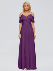 Thin shoulder strap ruffled chiffon and floor length bridesmaid dress