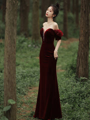 Wine Red Off Shoulder Velvet Mermaid Wedding Party Dress, Wine Red Long Prom Dress