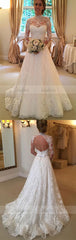 Long Sleeves Bridal Gowns, Sweep Train Bridal Dresses, Lace Wedding Dresses with Sash