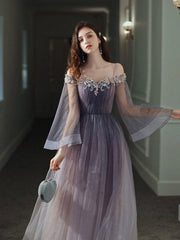 Purple tulle lace off shoulder long prom dress, purple evening dress