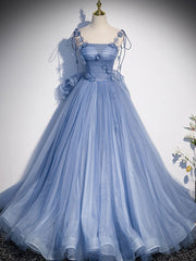 Blue tulle long prom dress, blue tulle formal dress