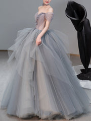 Gray sweetheart neck tulle long prom dress, gray evening dress