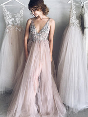 Elegant A Line V Neck Lace Long Prom Dress, V Neck Formal Dress, Graduation Dress