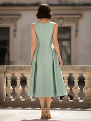 A-Line Scoop Neck Ruched Tea-Length Satin Dress Mint Green
