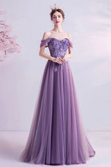 Purple Lace Long A-Line Prom Dress, Off the Shoulder Floor Length Formal Dress