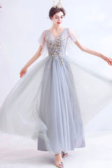 Gray V-Neck Lace Long Formal Dress, A-Line Gray Evening Party Dress
