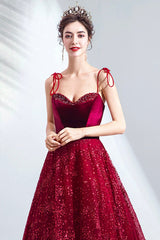 Elegant Spaghetti Strap Long Prom Dress, Velvet and Tulle Formal Dress with Sequins