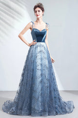 Elegant Spaghetti Strap Long Prom Dress, Velvet and Tulle Formal Dress with Sequins