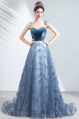 Elegant Spaghetti Strap Long Prom Dress, Velvet and Tulle Formal Dress with Sequins