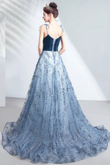 Elegant Spaghetti Strap Long Prom Dress, Velvet and Tulle Formal Dress with Sequins