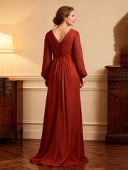 Wrap-Front Beaded Long Sleeve Formal Dress Rust